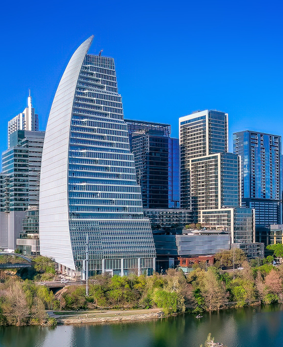 Pulled back shot of large building in Austin