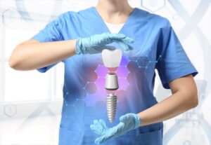 Artistic rendering of a large dental implant levitating in front of dentist in blue scrubs